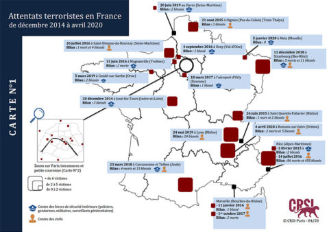 Attentats terroristes en France : La cartographie du CRSI (24 avril 2020)